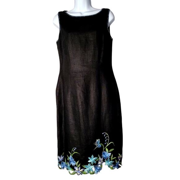 Talbots Black Linen Sheath Dress 6 Sleeveless Blue Floral Embroidered Lined - Picture 1 of 11